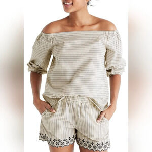 Madewell-M Jardin off the shoulder striped top shirt blouse Cream & Blue
